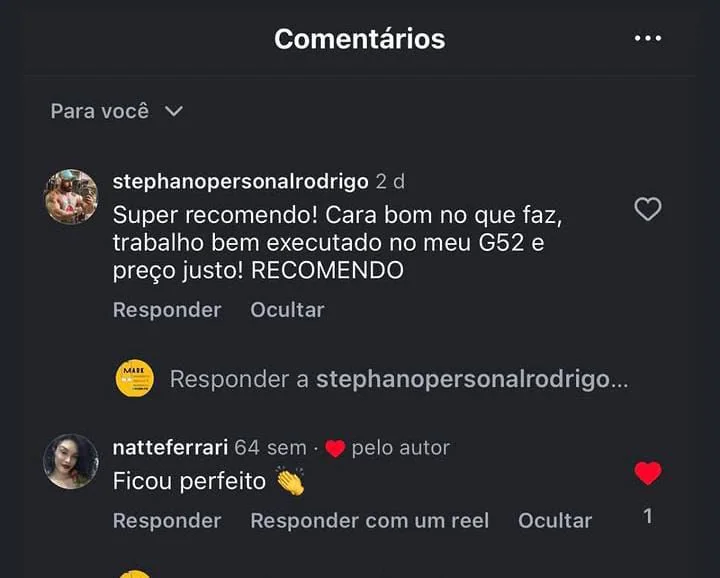 Comentários no Instagram: “Super recomendo! Cara bom no que faz, trabalho bem executado no meu G52 e preço justo! RECOMENDO” e “Ficou perfeito”.